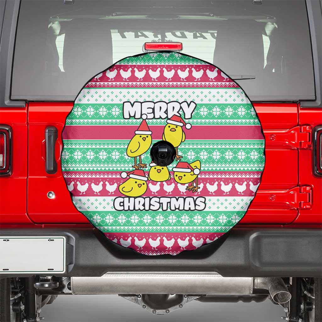 Merry Chickmas Christmas Spare Tire Cover with Yellow Cartoon Birds in Santa Hats and Red Green Snowflake Pattern - Wonder Print Shop