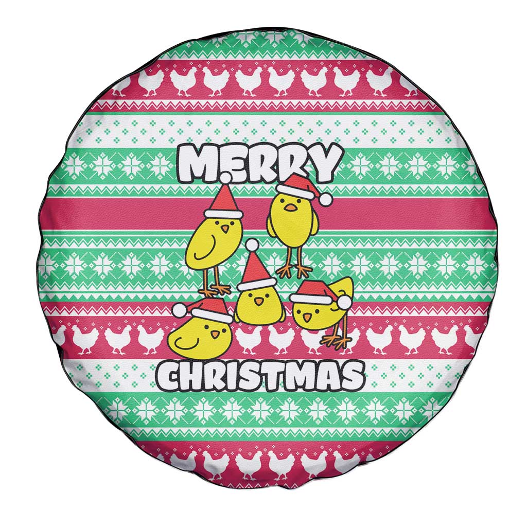 Merry Chickmas Christmas Spare Tire Cover with Yellow Cartoon Birds in Santa Hats and Red Green Snowflake Pattern - Wonder Print Shop