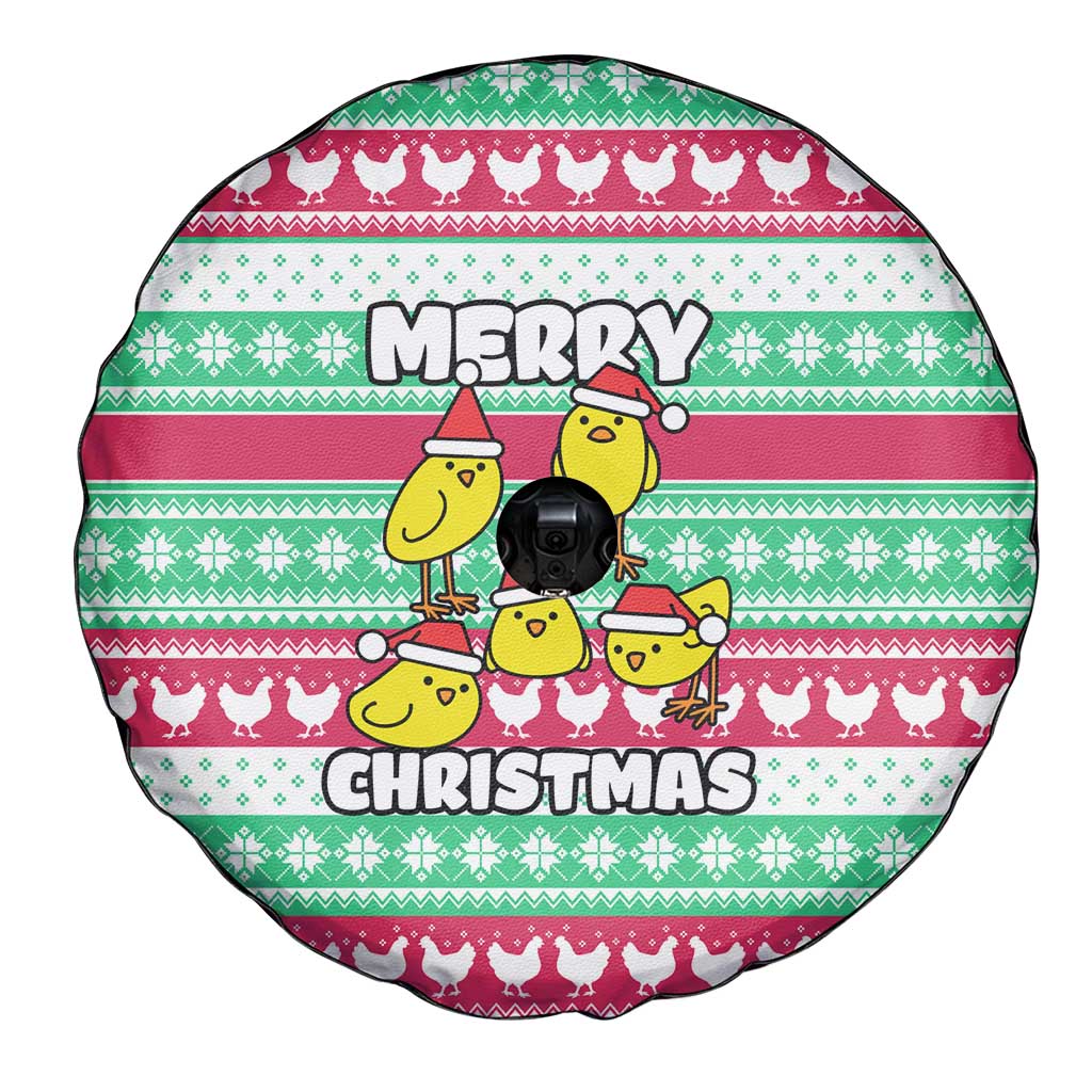 Merry Chickmas Christmas Spare Tire Cover with Yellow Cartoon Birds in Santa Hats and Red Green Snowflake Pattern - Wonder Print Shop
