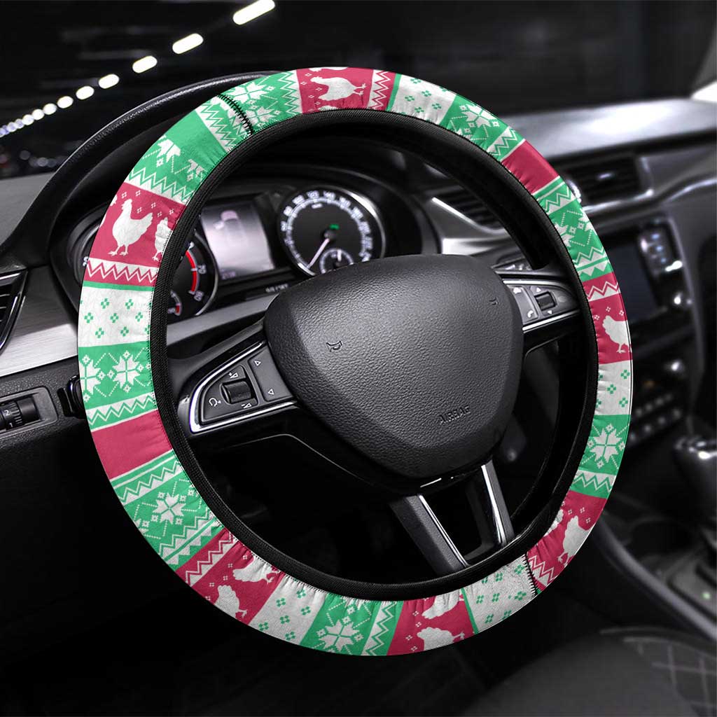 Merry Chickmas Christmas Steering Wheel Cover with Yellow Cartoon Birds in Santa Hats and Red Green Snowflake Pattern - Wonder Print Shop