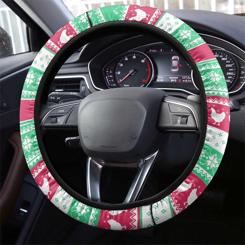Merry Chickmas Christmas Steering Wheel Cover with Yellow Cartoon Birds in Santa Hats and Red Green Snowflake Pattern - Wonder Print Shop