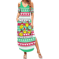 Merry Chickmas Christmas Summer Maxi Dress with Yellow Cartoon Birds in Santa Hats and Red Green Snowflake Pattern - Wonder Print Shop