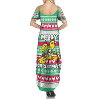 Merry Chickmas Christmas Summer Maxi Dress with Yellow Cartoon Birds in Santa Hats and Red Green Snowflake Pattern - Wonder Print Shop