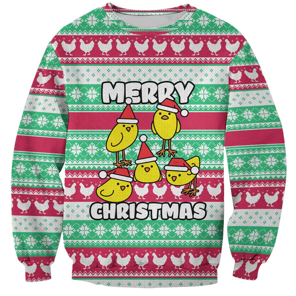 Merry Chickmas Christmas Sweatshirt with Yellow Cartoon Birds in Santa Hats and Red Green Snowflake Pattern - Wonder Print Shop