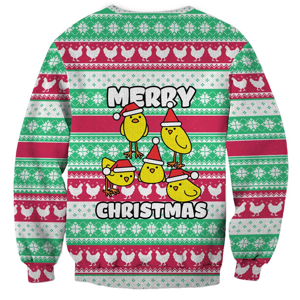 Merry Chickmas Christmas Sweatshirt with Yellow Cartoon Birds in Santa Hats and Red Green Snowflake Pattern - Wonder Print Shop
