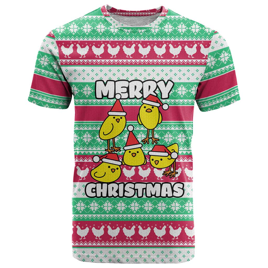 Merry Chickmas Christmas T Shirt with Yellow Cartoon Birds in Santa Hats and Red Green Snowflake Pattern - Wonder Print Shop