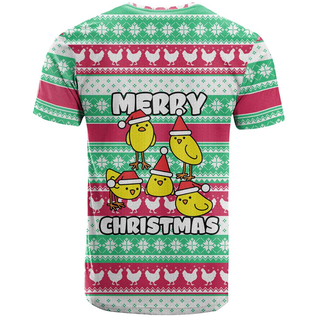 Merry Chickmas Christmas T Shirt with Yellow Cartoon Birds in Santa Hats and Red Green Snowflake Pattern - Wonder Print Shop