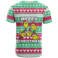 Merry Chickmas Christmas T Shirt with Yellow Cartoon Birds in Santa Hats and Red Green Snowflake Pattern - Wonder Print Shop