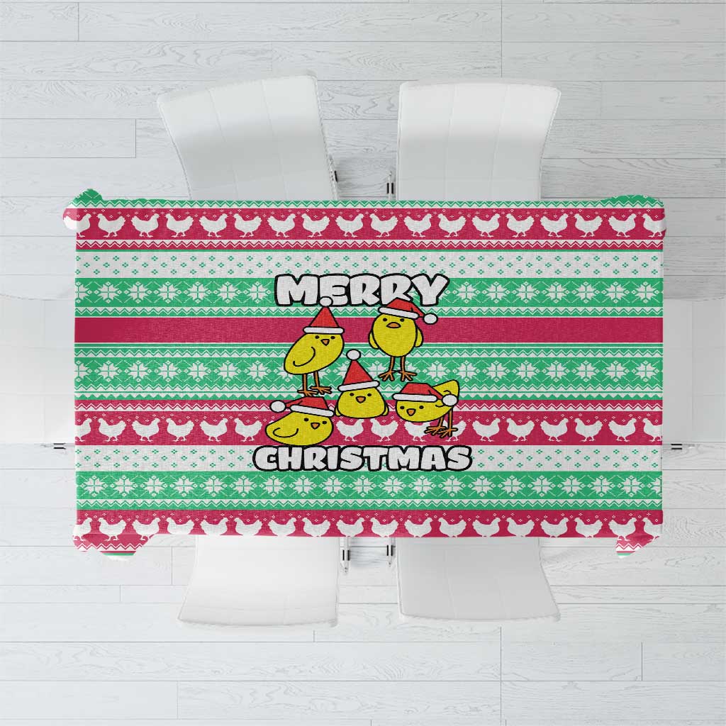 Merry Chickmas Christmas Tablecloth with Yellow Cartoon Birds in Santa Hats and Red Green Snowflake Pattern - Wonder Print Shop