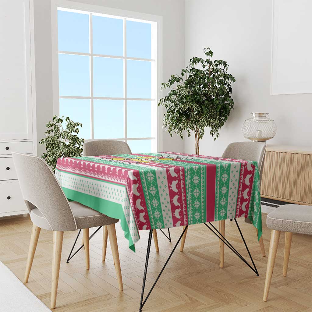 Merry Chickmas Christmas Tablecloth with Yellow Cartoon Birds in Santa Hats and Red Green Snowflake Pattern - Wonder Print Shop