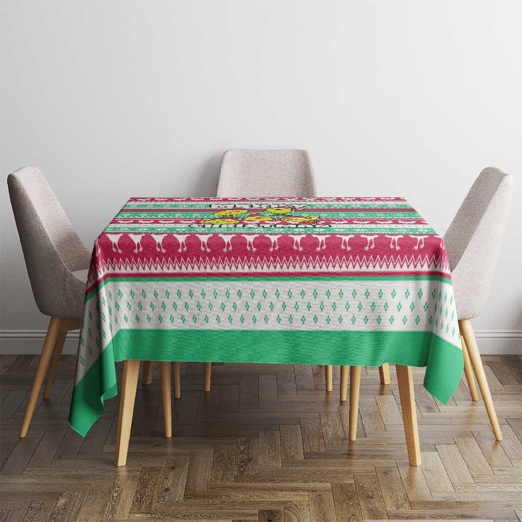 Merry Chickmas Christmas Tablecloth with Yellow Cartoon Birds in Santa Hats and Red Green Snowflake Pattern - Wonder Print Shop