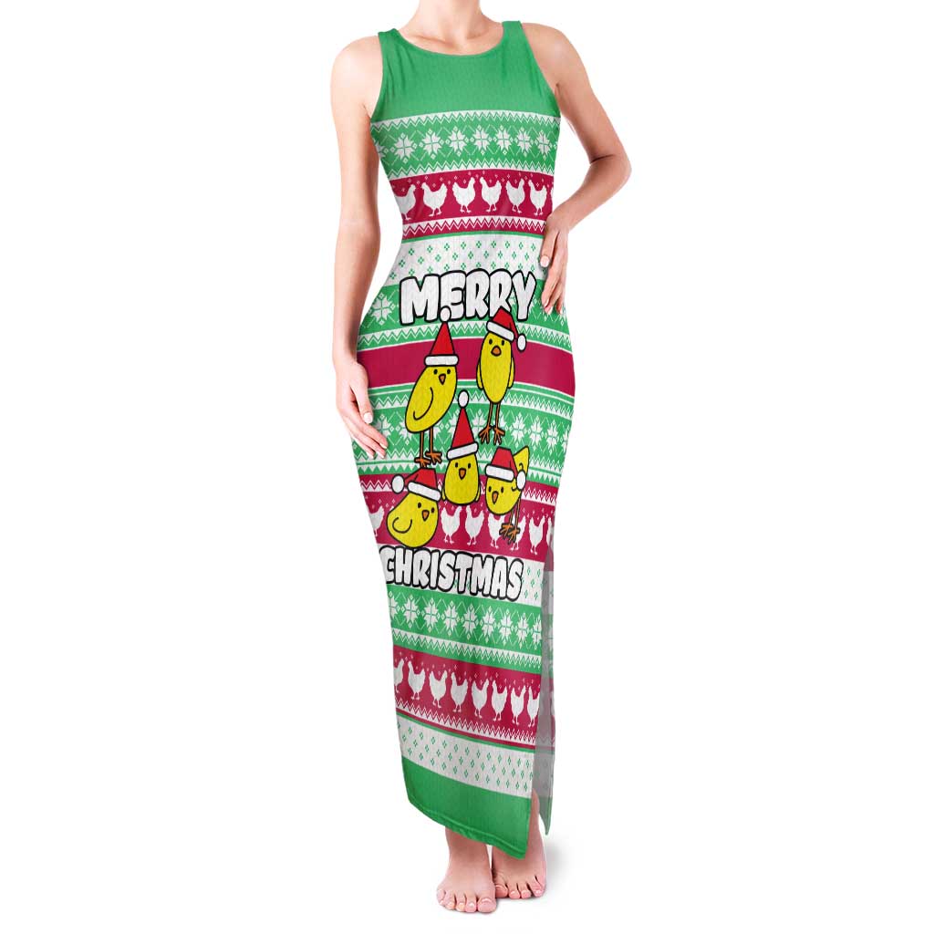 Merry Chickmas Christmas Tank Maxi Dress with Yellow Cartoon Birds in Santa Hats and Red Green Snowflake Pattern - Wonder Print Shop