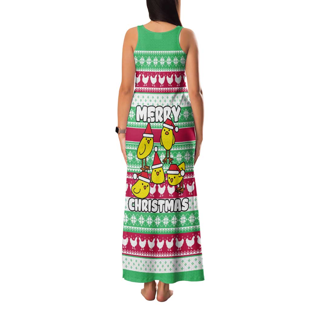 Merry Chickmas Christmas Tank Maxi Dress with Yellow Cartoon Birds in Santa Hats and Red Green Snowflake Pattern - Wonder Print Shop