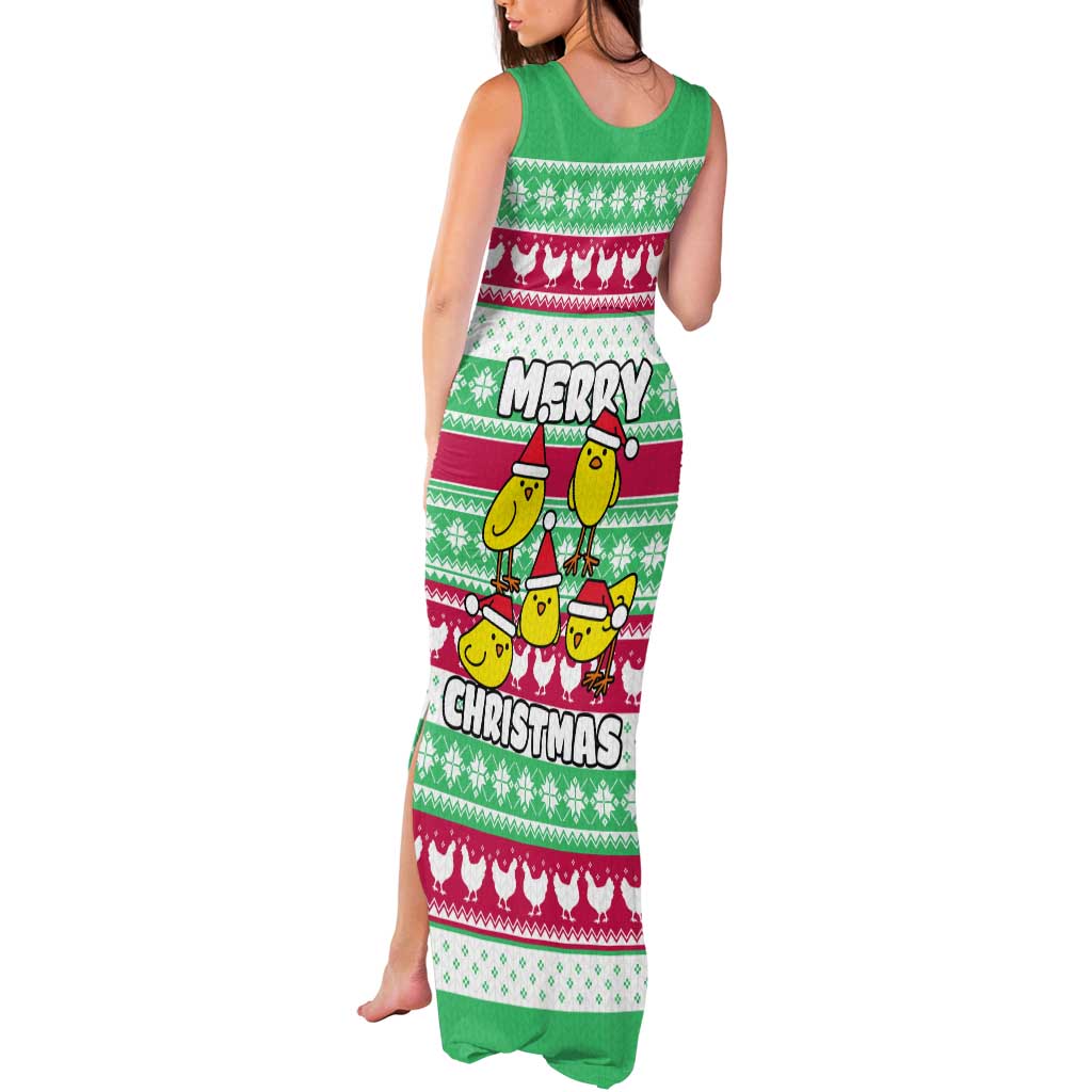 Merry Chickmas Christmas Tank Maxi Dress with Yellow Cartoon Birds in Santa Hats and Red Green Snowflake Pattern - Wonder Print Shop