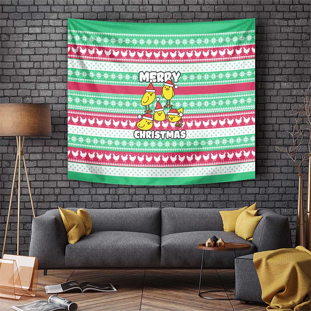 Merry Chickmas Christmas Tapestry with Yellow Cartoon Birds in Santa Hats and Red Green Snowflake Pattern - Wonder Print Shop