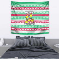 Merry Chickmas Christmas Tapestry with Yellow Cartoon Birds in Santa Hats and Red Green Snowflake Pattern - Wonder Print Shop