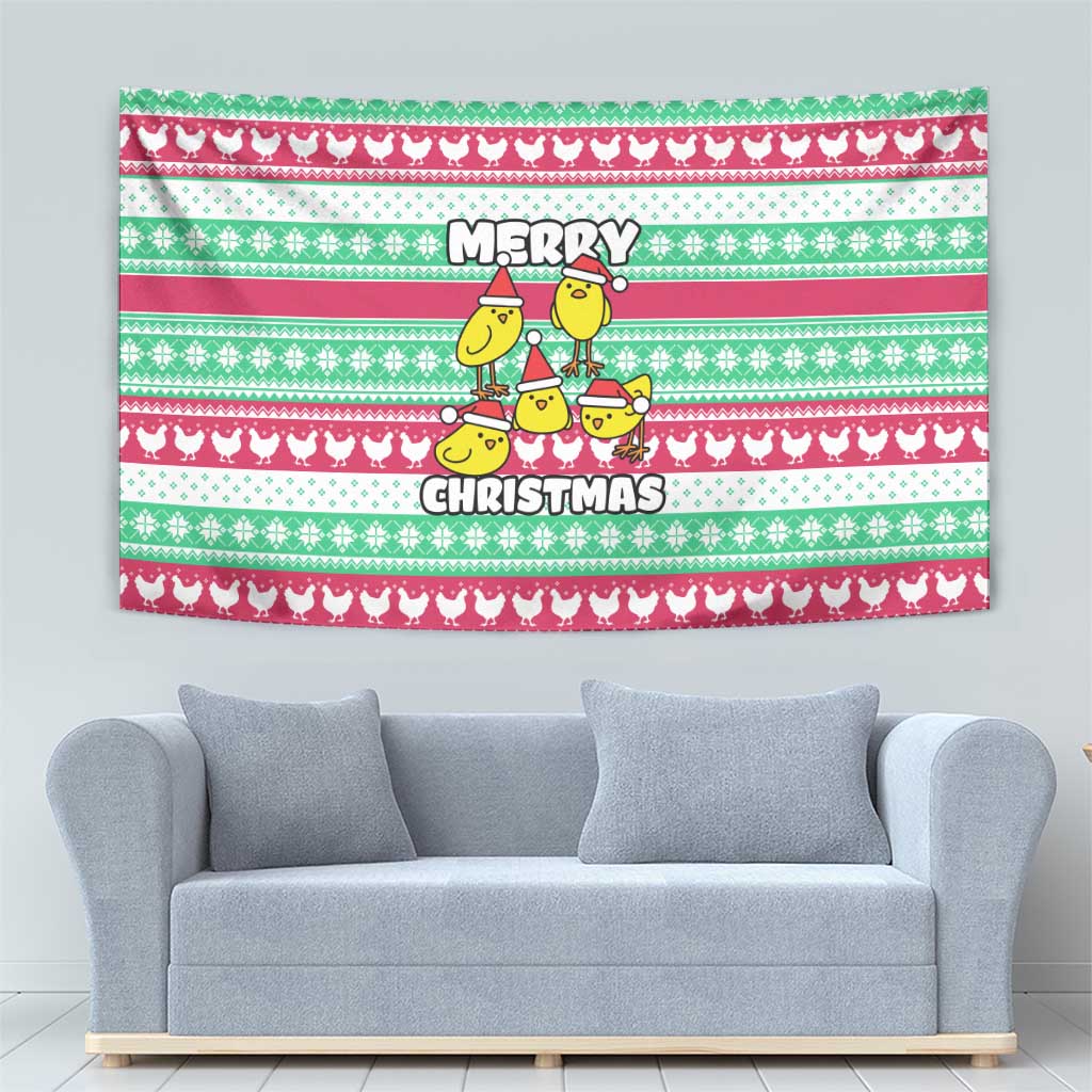 Merry Chickmas Christmas Tapestry with Yellow Cartoon Birds in Santa Hats and Red Green Snowflake Pattern - Wonder Print Shop