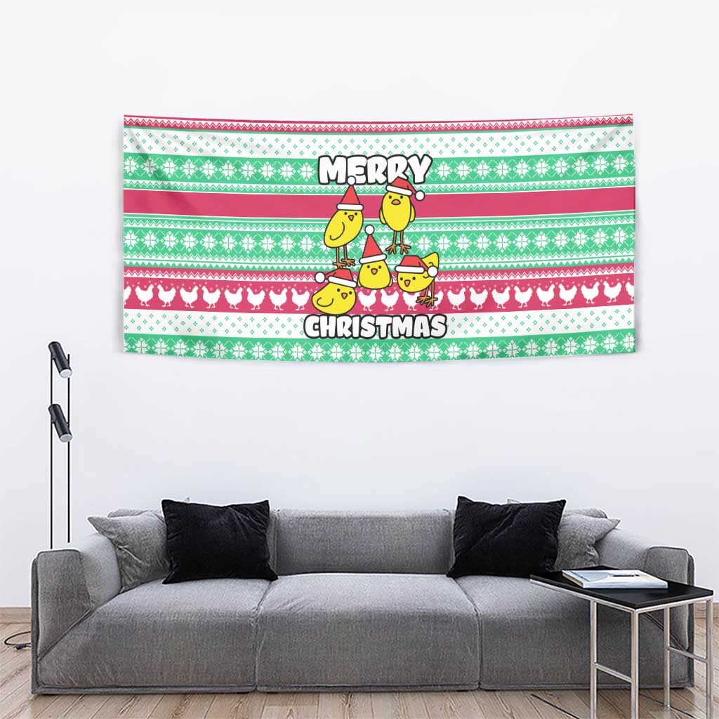Merry Chickmas Christmas Tapestry with Yellow Cartoon Birds in Santa Hats and Red Green Snowflake Pattern - Wonder Print Shop