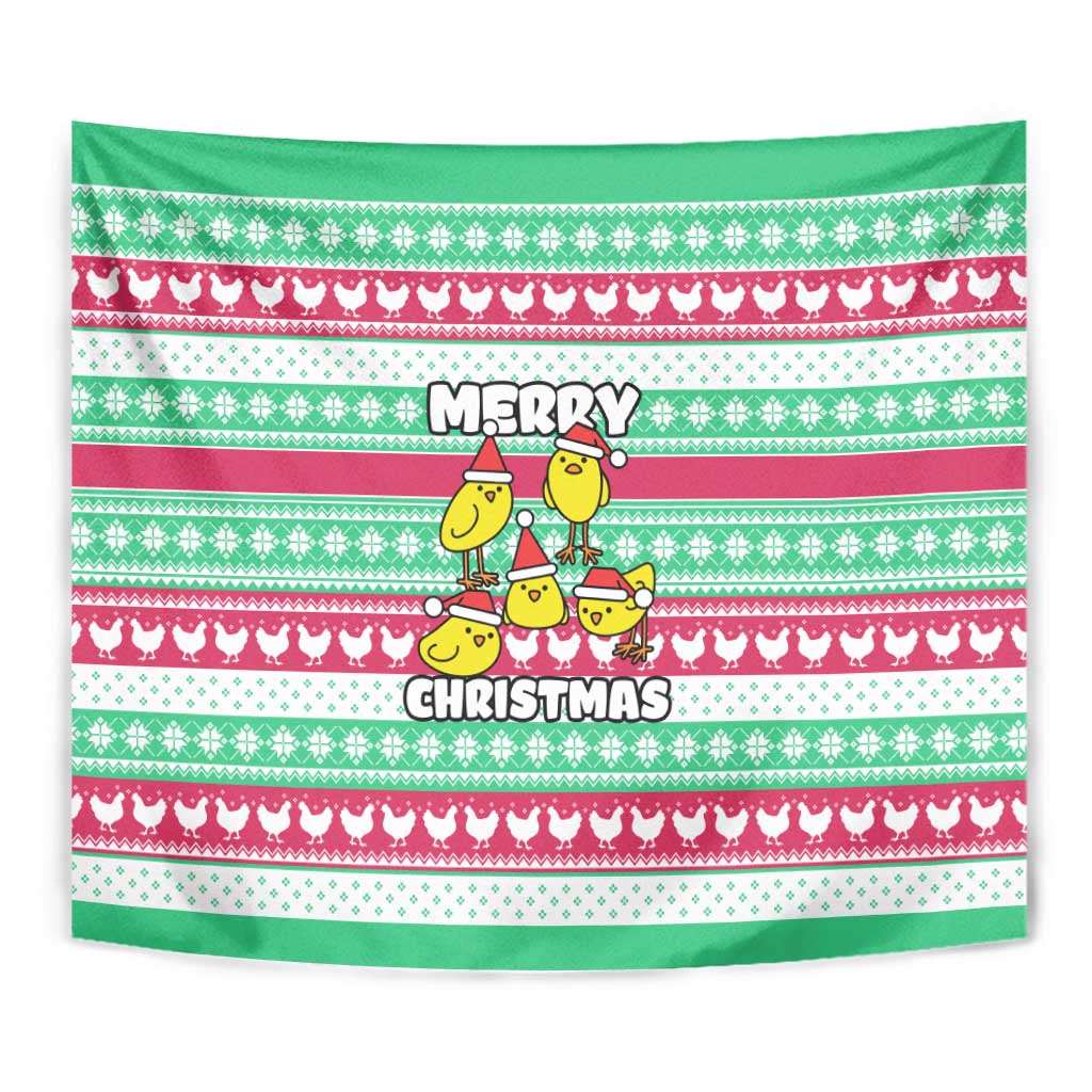 Merry Chickmas Christmas Tapestry with Yellow Cartoon Birds in Santa Hats and Red Green Snowflake Pattern - Wonder Print Shop