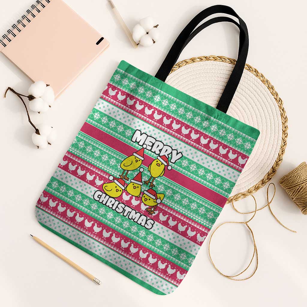 Merry Chickmas Christmas Tote Bag with Yellow Cartoon Birds in Santa Hats and Red Green Snowflake Pattern - Wonder Print Shop