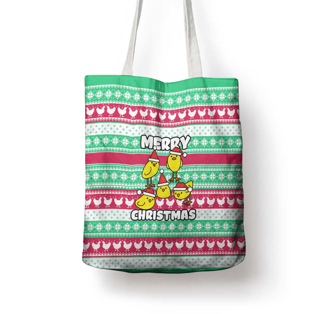 Merry Chickmas Christmas Tote Bag with Yellow Cartoon Birds in Santa Hats and Red Green Snowflake Pattern - Wonder Print Shop