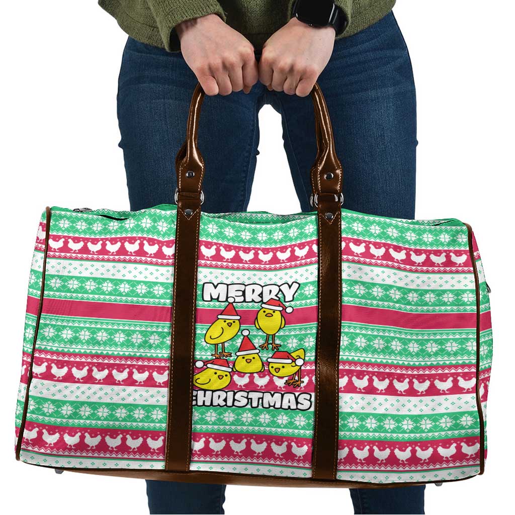 Merry Chickmas Christmas Travel Bag with Yellow Cartoon Birds in Santa Hats and Red Green Snowflake Pattern - Wonder Print Shop