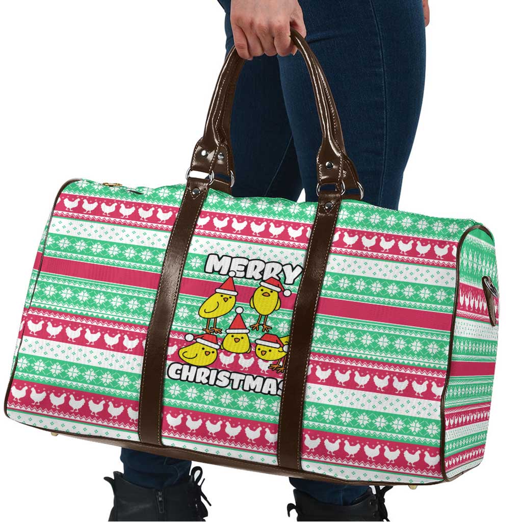 Merry Chickmas Christmas Travel Bag with Yellow Cartoon Birds in Santa Hats and Red Green Snowflake Pattern - Wonder Print Shop