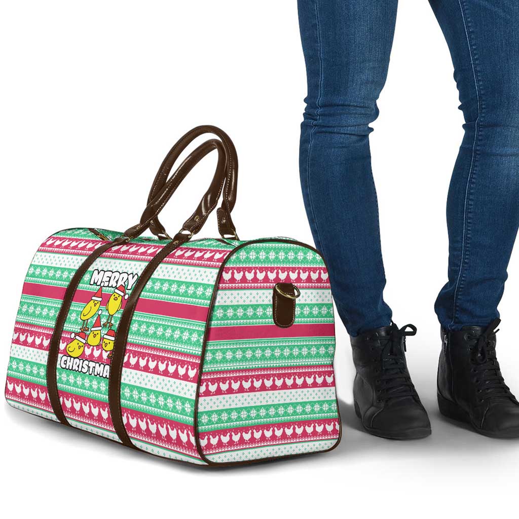 Merry Chickmas Christmas Travel Bag with Yellow Cartoon Birds in Santa Hats and Red Green Snowflake Pattern - Wonder Print Shop