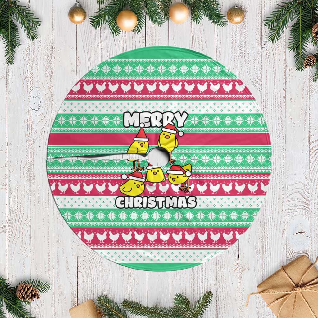 Merry Chickmas Christmas Tree Skirt with Yellow Cartoon Birds in Santa Hats and Red Green Snowflake Pattern - Wonder Print Shop