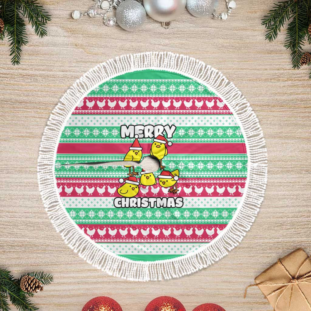 Merry Chickmas Christmas Tree Skirt with Yellow Cartoon Birds in Santa Hats and Red Green Snowflake Pattern - Wonder Print Shop