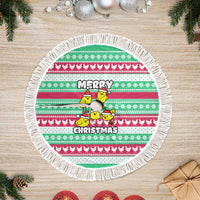 Merry Chickmas Christmas Tree Skirt with Yellow Cartoon Birds in Santa Hats and Red Green Snowflake Pattern - Wonder Print Shop