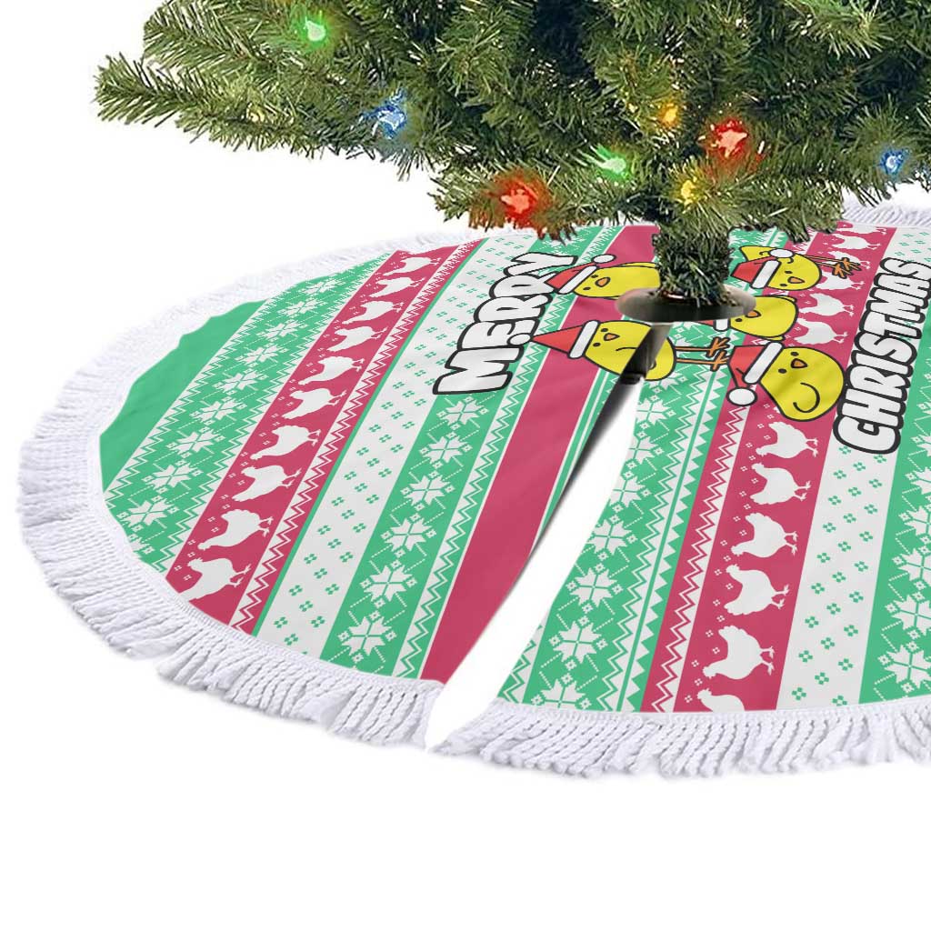 Merry Chickmas Christmas Tree Skirt with Yellow Cartoon Birds in Santa Hats and Red Green Snowflake Pattern - Wonder Print Shop