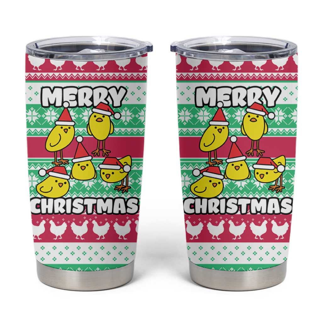 Merry Chickmas Christmas Tumbler Cup with Yellow Cartoon Birds in Santa Hats and Red Green Snowflake Pattern - Wonder Print Shop