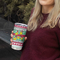 Merry Chickmas Christmas Tumbler Cup with Yellow Cartoon Birds in Santa Hats and Red Green Snowflake Pattern - Wonder Print Shop
