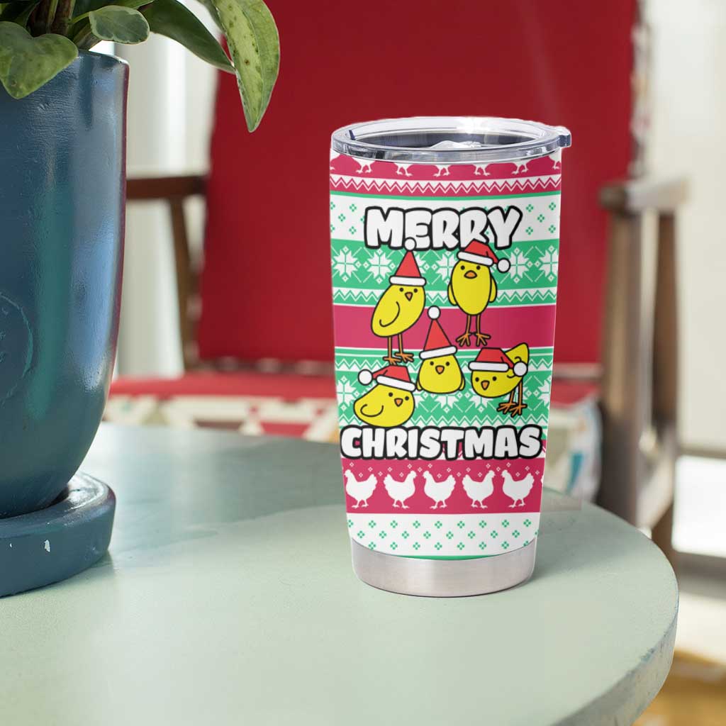Merry Chickmas Christmas Tumbler Cup with Yellow Cartoon Birds in Santa Hats and Red Green Snowflake Pattern - Wonder Print Shop