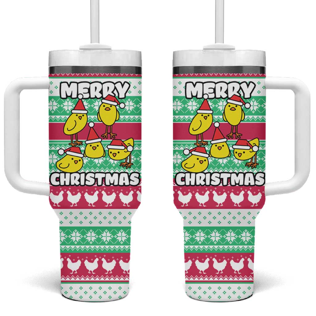 Merry Chickmas Christmas Tumbler With Handle with Yellow Cartoon Birds in Santa Hats and Red Green Snowflake Pattern - Wonder Print Shop