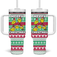 Merry Chickmas Christmas Tumbler With Handle with Yellow Cartoon Birds in Santa Hats and Red Green Snowflake Pattern - Wonder Print Shop