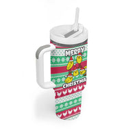 Merry Chickmas Christmas Tumbler With Handle with Yellow Cartoon Birds in Santa Hats and Red Green Snowflake Pattern - Wonder Print Shop