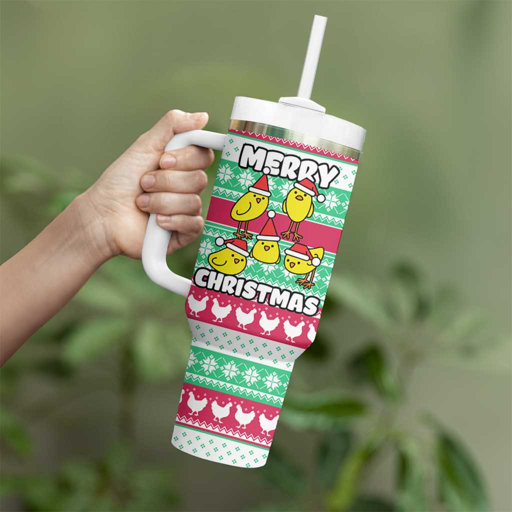 Merry Chickmas Christmas Tumbler With Handle with Yellow Cartoon Birds in Santa Hats and Red Green Snowflake Pattern - Wonder Print Shop