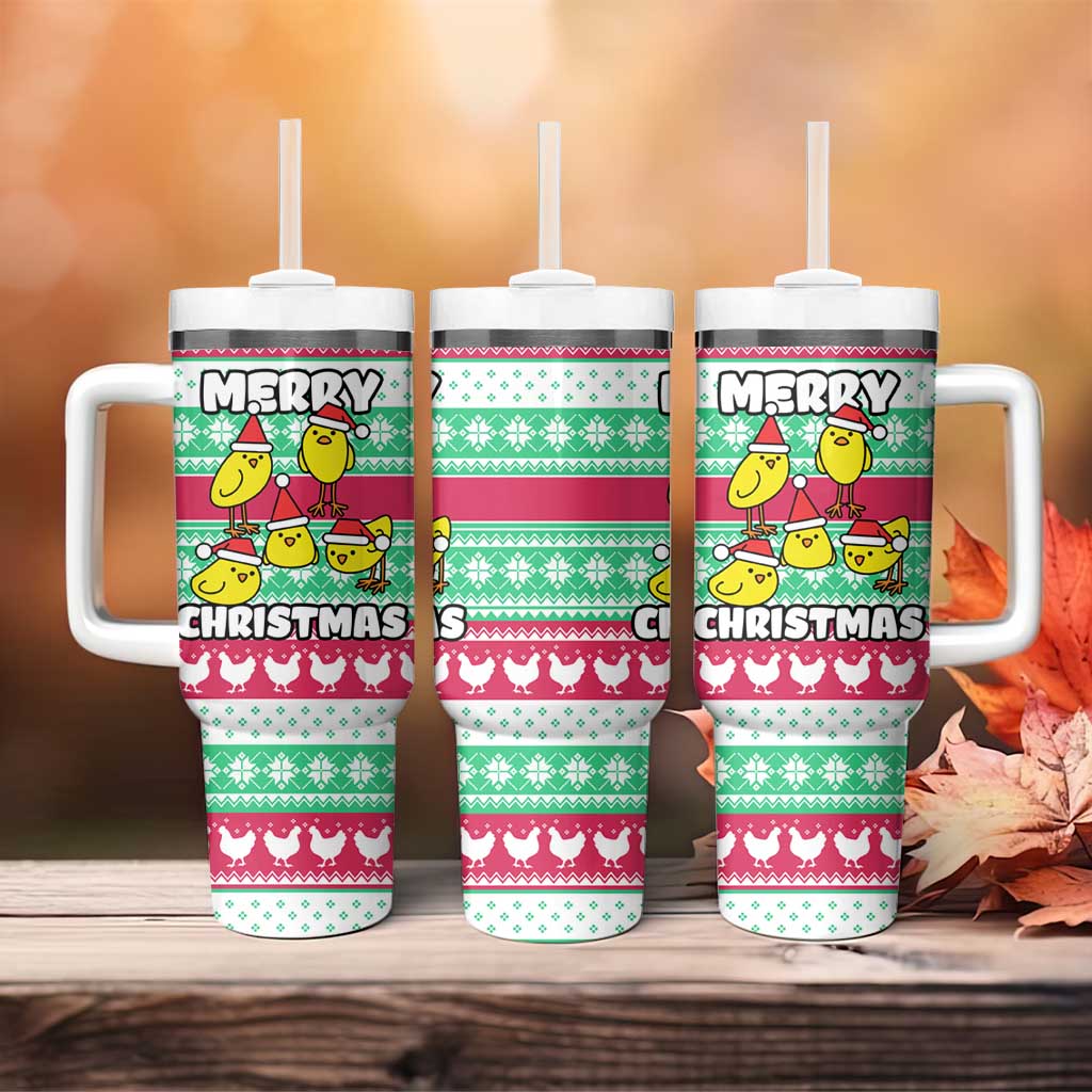 Merry Chickmas Christmas Tumbler With Handle with Yellow Cartoon Birds in Santa Hats and Red Green Snowflake Pattern - Wonder Print Shop