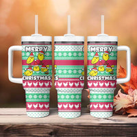 Merry Chickmas Christmas Tumbler With Handle with Yellow Cartoon Birds in Santa Hats and Red Green Snowflake Pattern - Wonder Print Shop