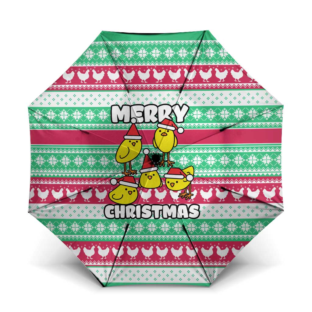 Merry Chickmas Christmas Umbrella with Yellow Cartoon Birds in Santa Hats and Red Green Snowflake Pattern - Wonder Print Shop