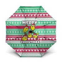 Merry Chickmas Christmas Umbrella with Yellow Cartoon Birds in Santa Hats and Red Green Snowflake Pattern - Wonder Print Shop