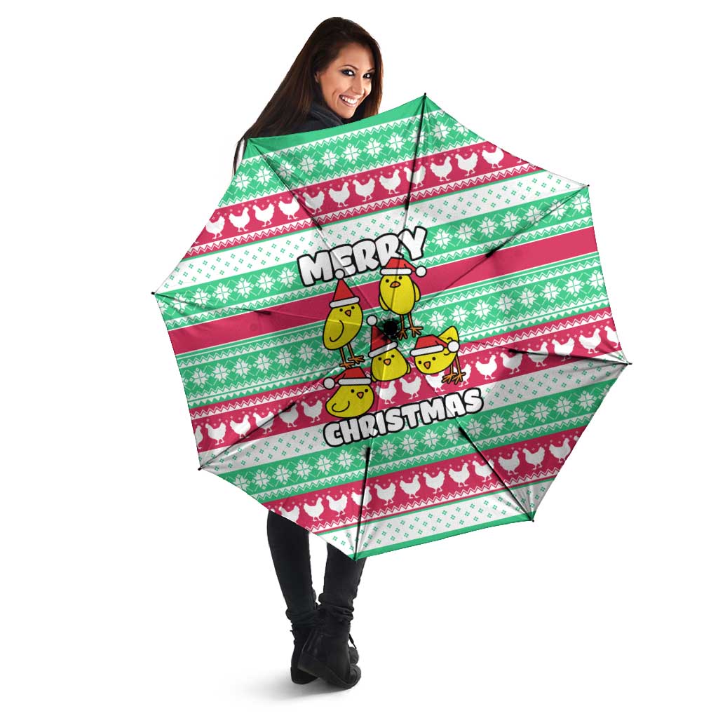 Merry Chickmas Christmas Umbrella with Yellow Cartoon Birds in Santa Hats and Red Green Snowflake Pattern - Wonder Print Shop