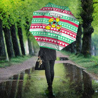 Merry Chickmas Christmas Umbrella with Yellow Cartoon Birds in Santa Hats and Red Green Snowflake Pattern - Wonder Print Shop
