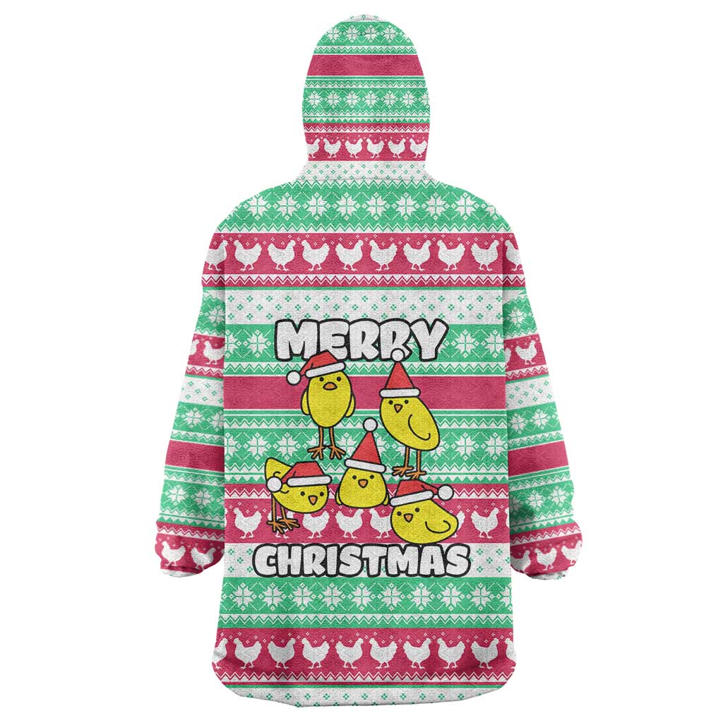 Merry Chickmas Christmas Wearable Blanket Hoodie with Yellow Cartoon Birds in Santa Hats and Red Green Snowflake Pattern - Wonder Print Shop