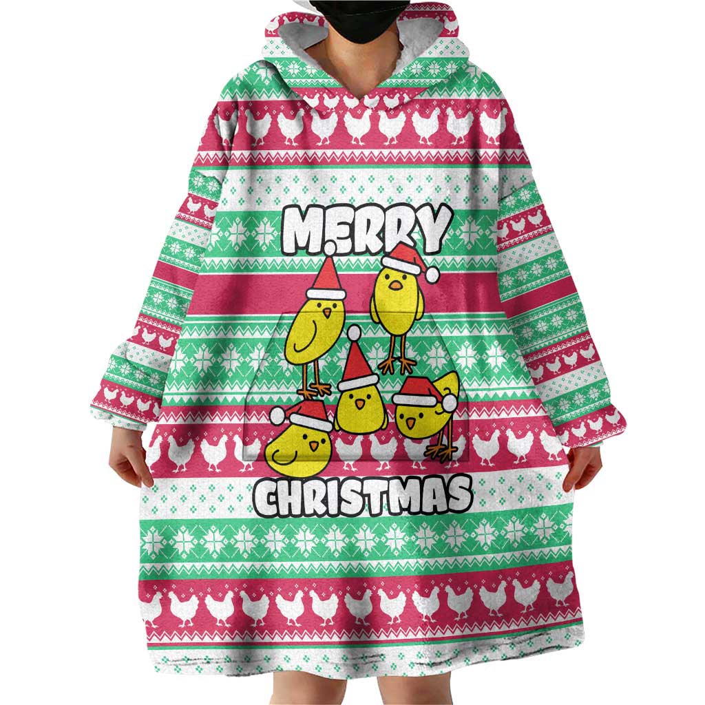 Merry Chickmas Christmas Wearable Blanket Hoodie with Yellow Cartoon Birds in Santa Hats and Red Green Snowflake Pattern - Wonder Print Shop