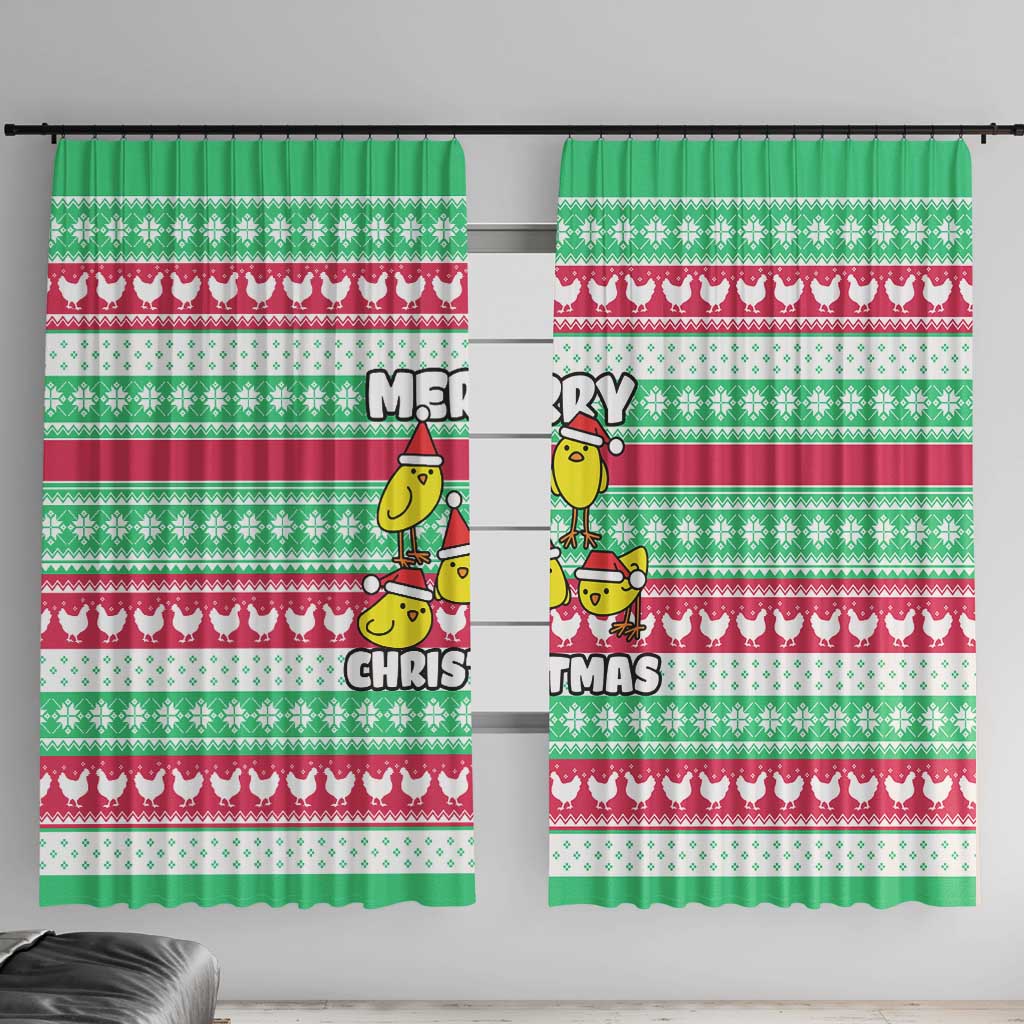 Merry Chickmas Christmas Window Curtain with Yellow Cartoon Birds in Santa Hats and Red Green Snowflake Pattern - Wonder Print Shop