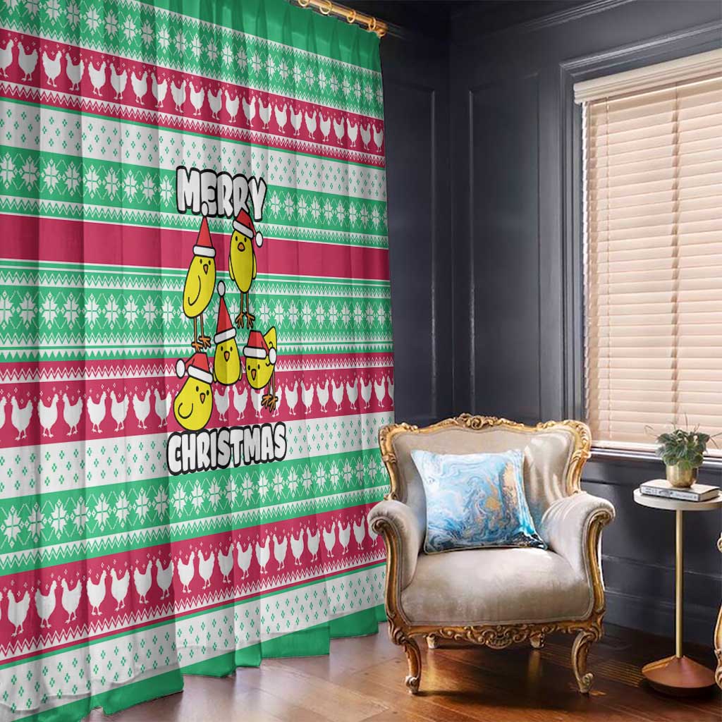 Merry Chickmas Christmas Window Curtain with Yellow Cartoon Birds in Santa Hats and Red Green Snowflake Pattern - Wonder Print Shop