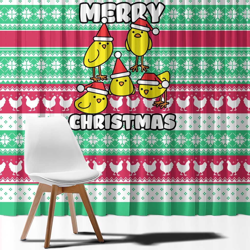 Merry Chickmas Christmas Window Curtain with Yellow Cartoon Birds in Santa Hats and Red Green Snowflake Pattern - Wonder Print Shop